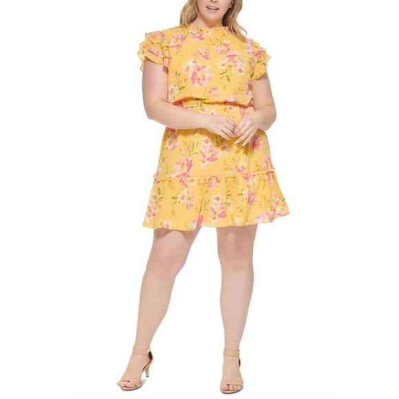 Vince Camuto Women's Yellow Floral Fit & Flare Chiffon Dress Plus Size 16W New - Picture 1 of 13